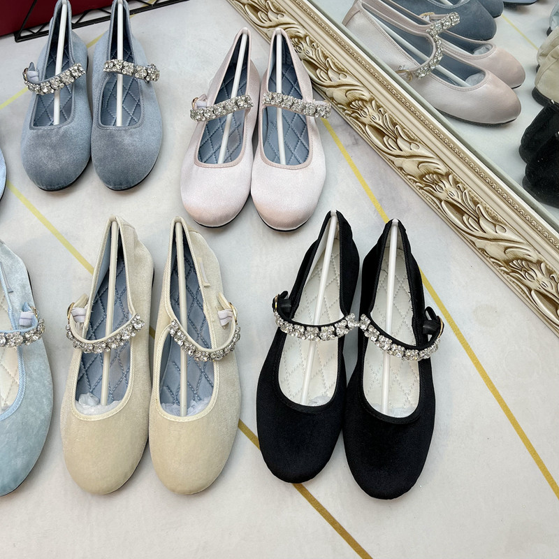 Ballerine Mary Jane con strass, punta tonda in raso, taglio basso in velluto per donna - N17