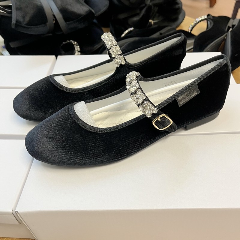 Ballerine Mary Jane con strass, punta tonda in raso, taglio basso in velluto per donna - N17