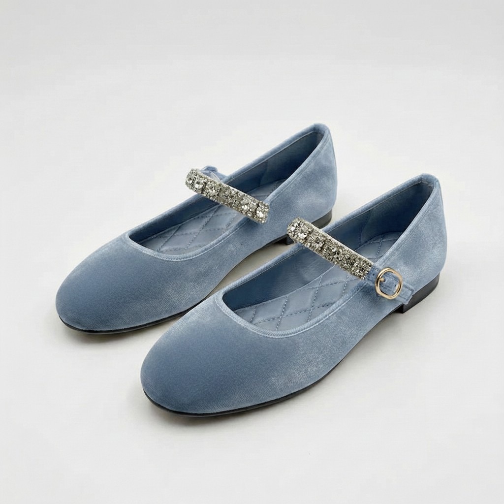 Ballerine Mary Jane con strass, punta tonda in raso, taglio basso in velluto per donna - N17