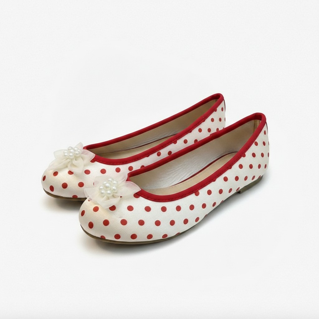 Dames ballerina's van satijn met rode stippen, ronde neus, lichtgewicht instapmodel - N01