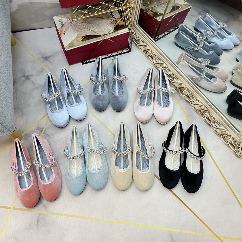 Ballerine Mary Jane con strass, punta tonda in raso, taglio basso in velluto per donna - N17