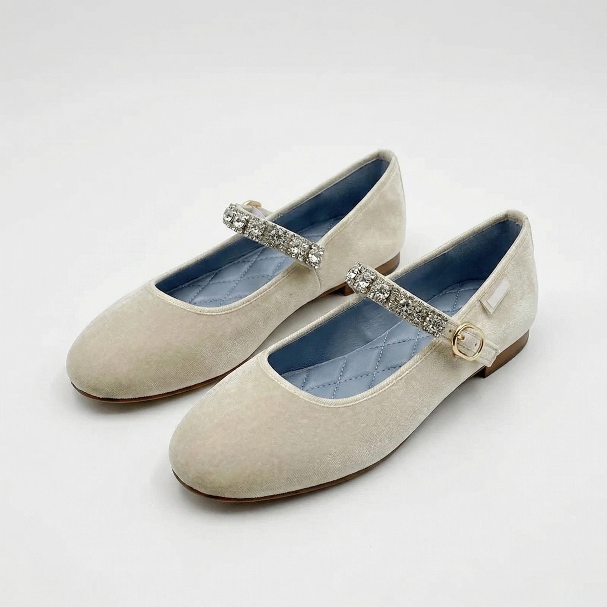 Ballerine Mary Jane con strass, punta tonda in raso, taglio basso in velluto per donna - N17