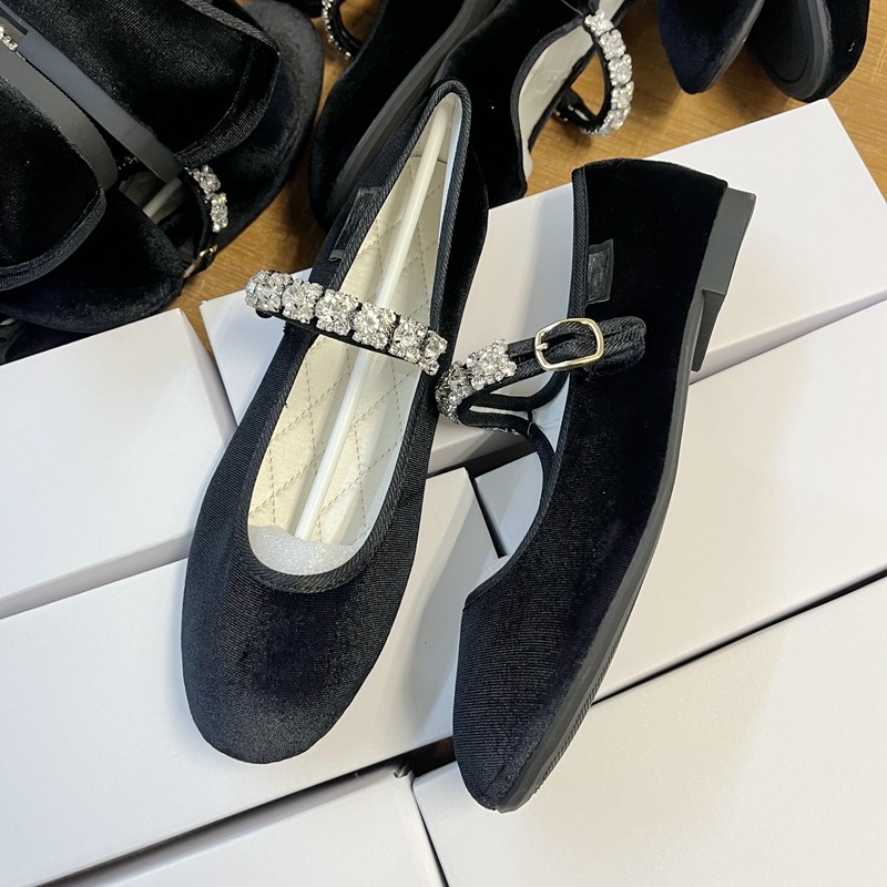 Ballerine Mary Jane con strass, punta tonda in raso, taglio basso in velluto per donna - N17