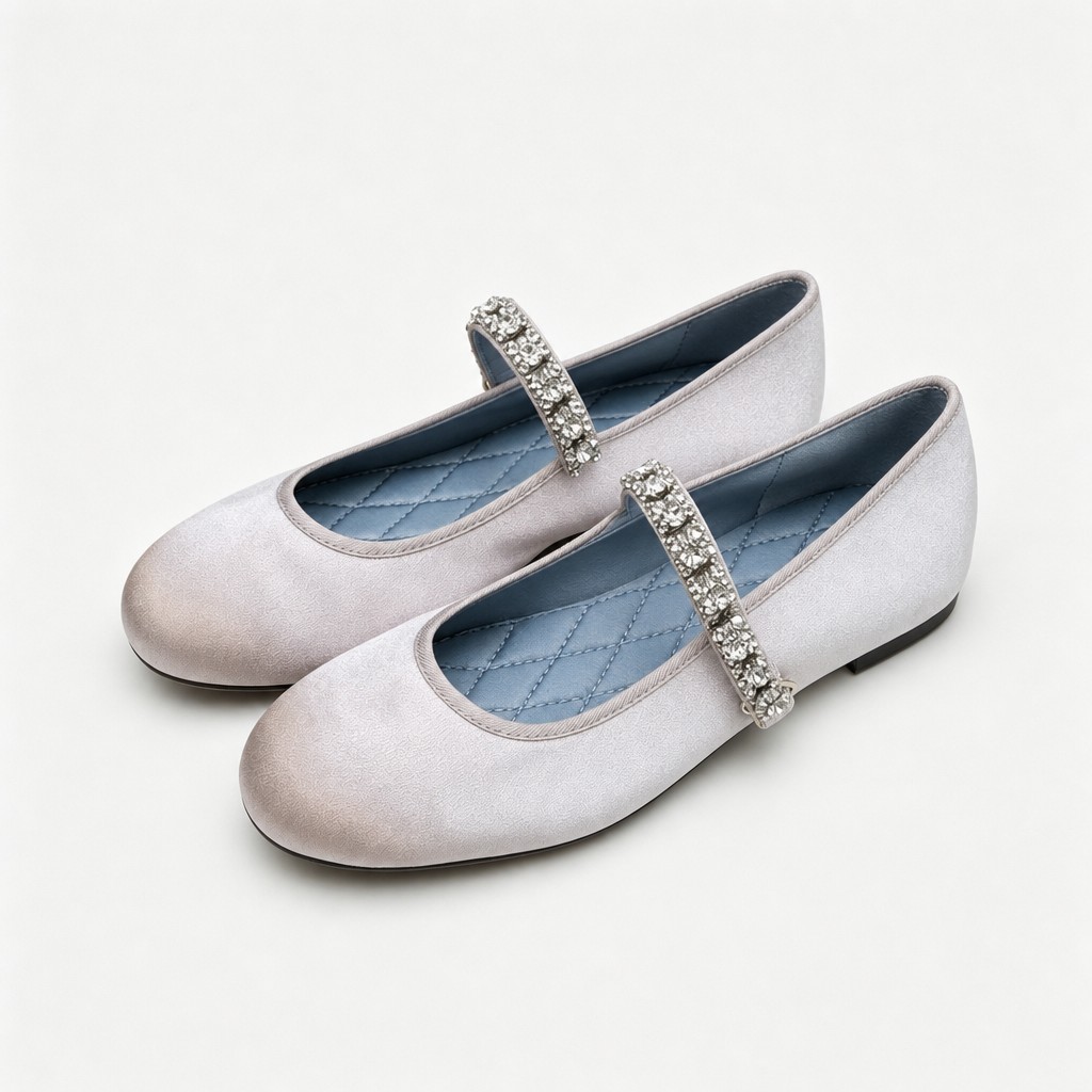 Ballerine Mary Jane con strass, punta tonda in raso, taglio basso in velluto per donna - N17