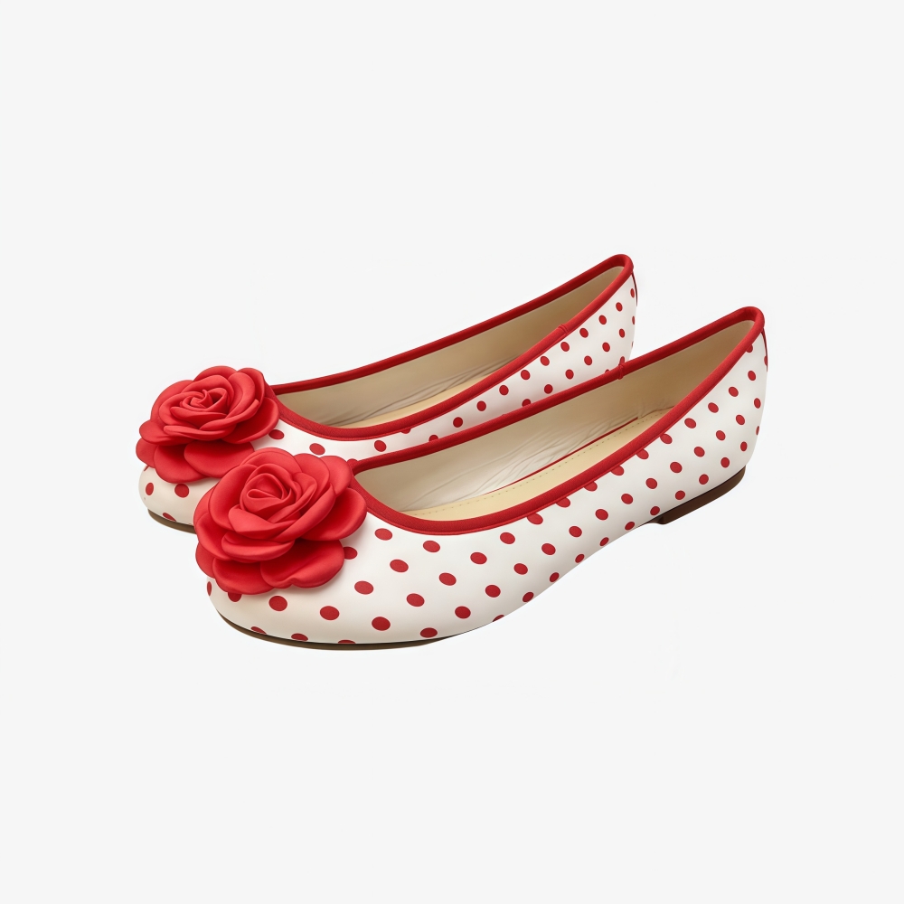 Dames ballerina's van satijn met rode stippen, ronde neus, lichtgewicht instapmodel - N01