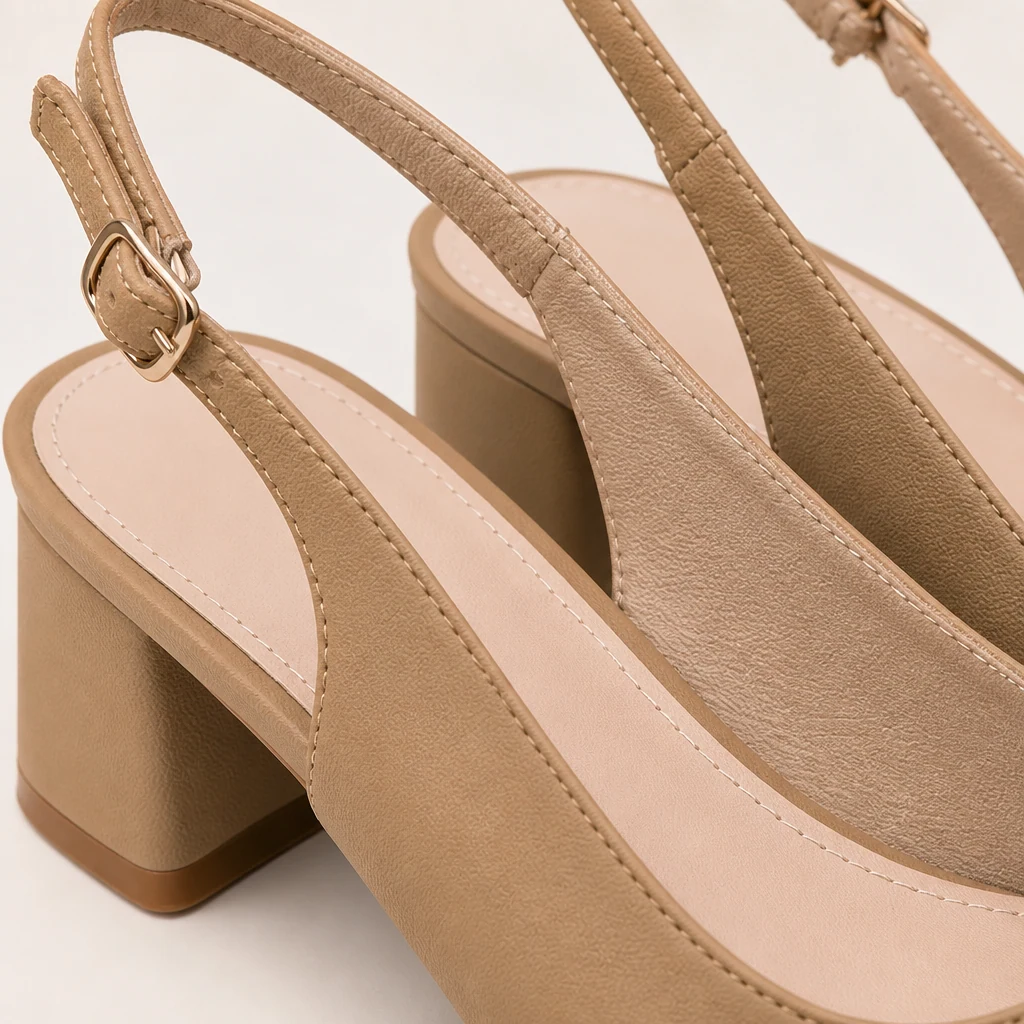 Close-up detail of the slingback shoe upper, strap, heel, and finish