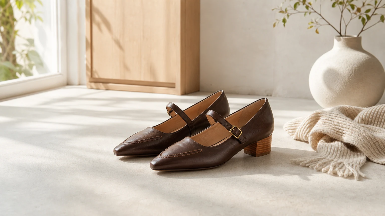 Vintage buckle strap low heel dress shoes styled in a horizontal scene