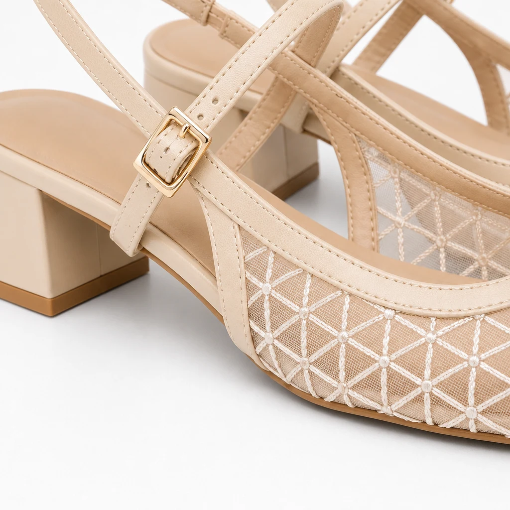 Close-up of the slingback shoe lattice texture, strap and buckle details
