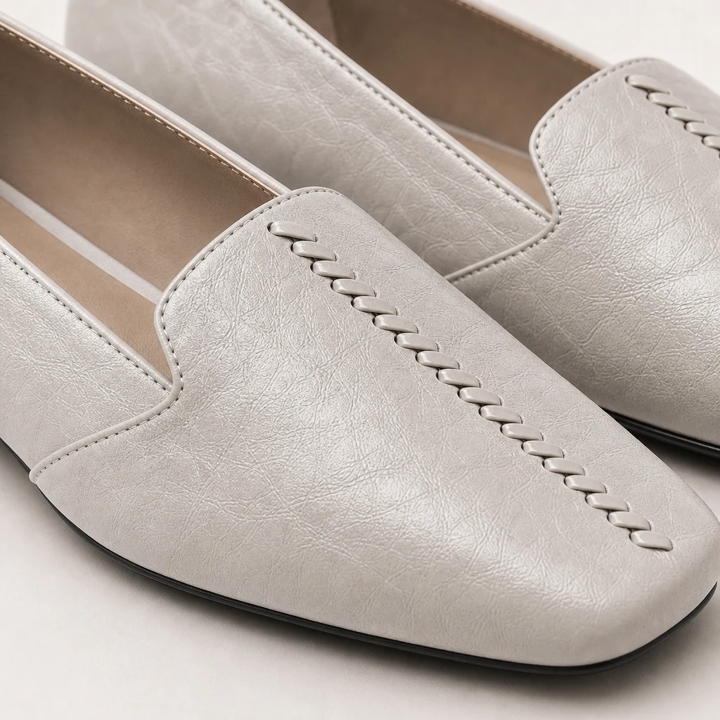 Close-up of the flats showing upper texture and stitched vamp detail