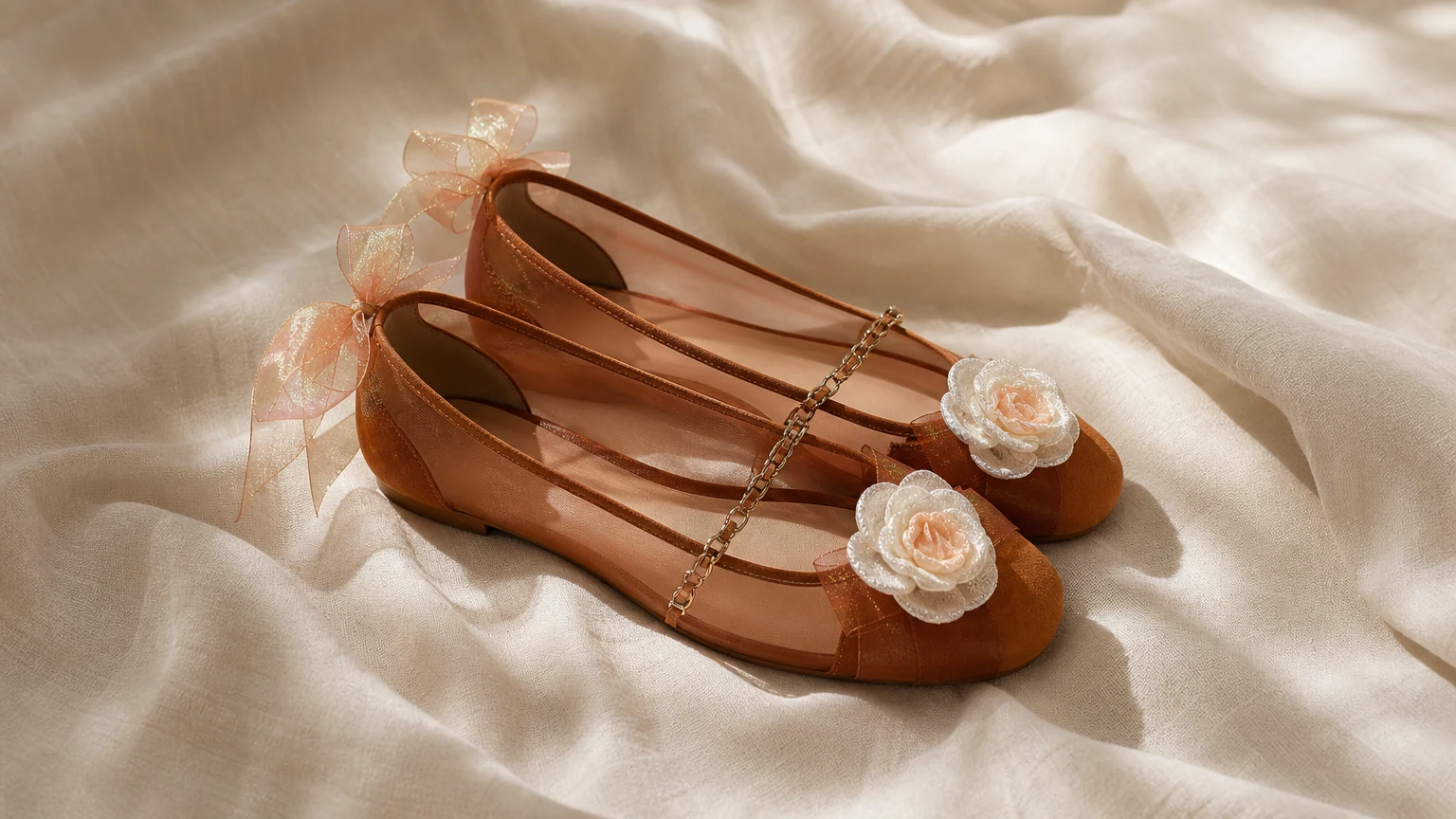 Lichtgewicht bruine ballerina's met roze details, gestyled in een zachte horizontale scène