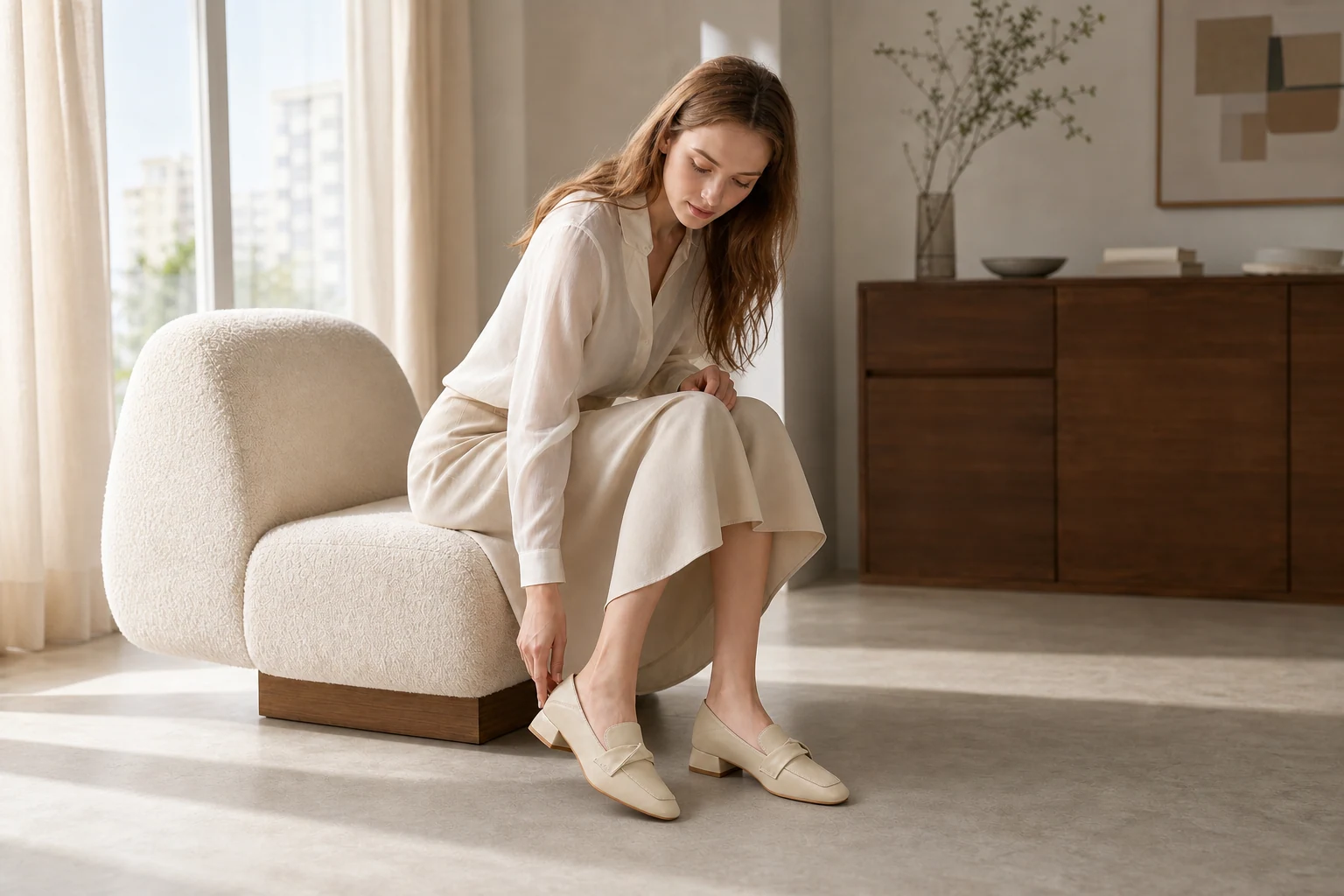 Des mocassins à enfiler dans une scène de style de vie produit en contexte