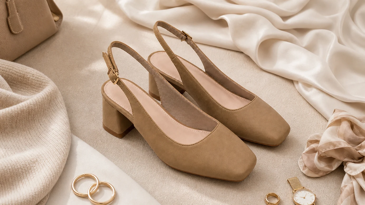 Modern square toe adjustable slingback shoes styled in a horizontal scene