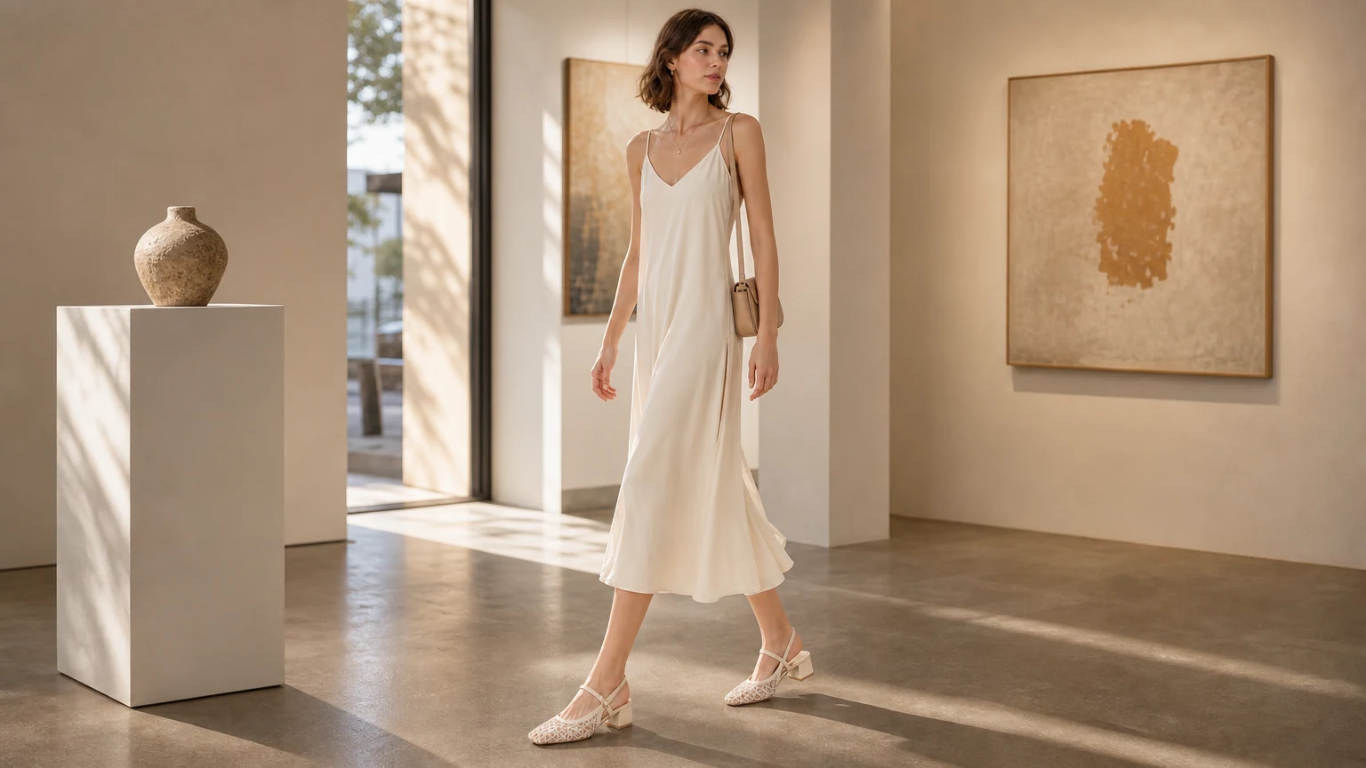 Sheer square toe slingback shoes styled in a warm lifestyle scene