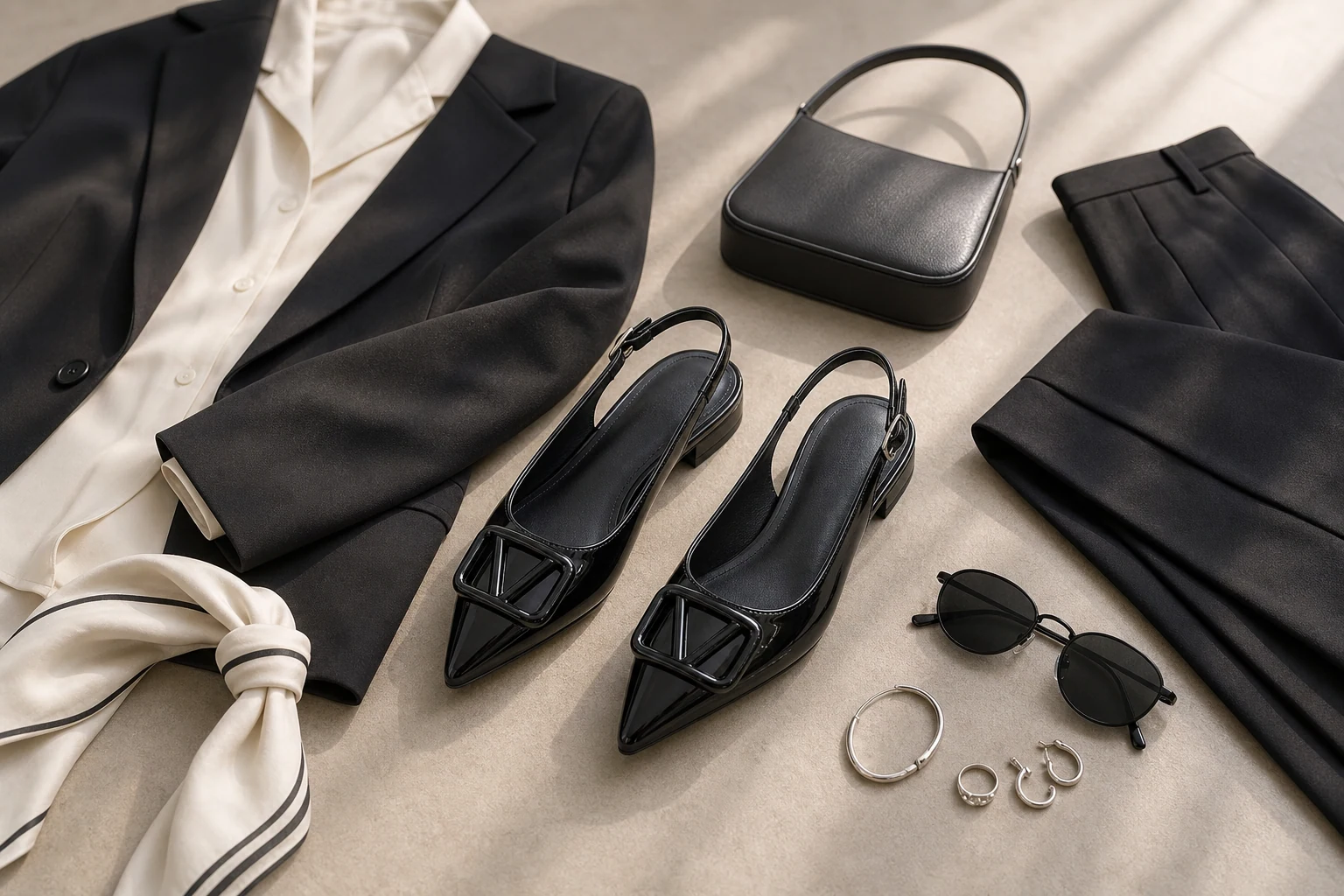 Buckle detail dress flats styled in a lifestyle product scene