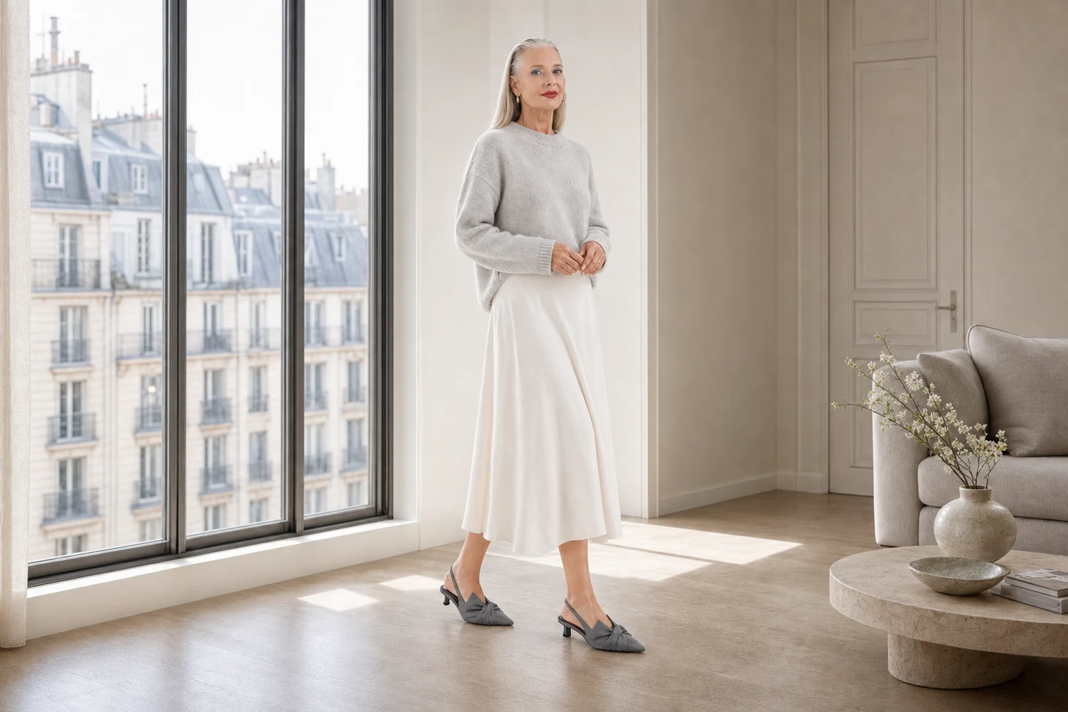 Lifestyle product scene showing the grey slingback kitten heel pumps