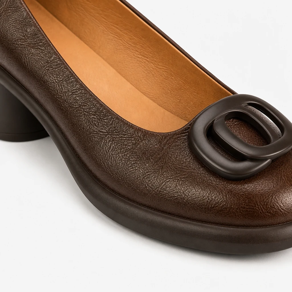 Gros plan sur la texture du mocassin en similicuir et le détail de la boucle