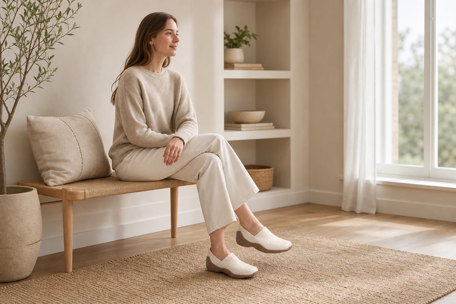 Des chaussures à enfiler dans une scène de style de vie produit en contexte