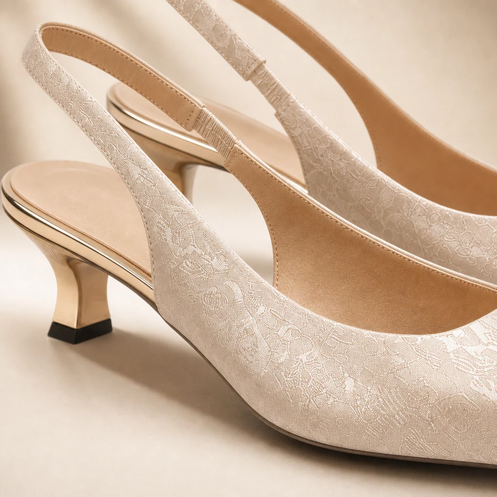 Close-up detail of glossy upper and slingback heel construction