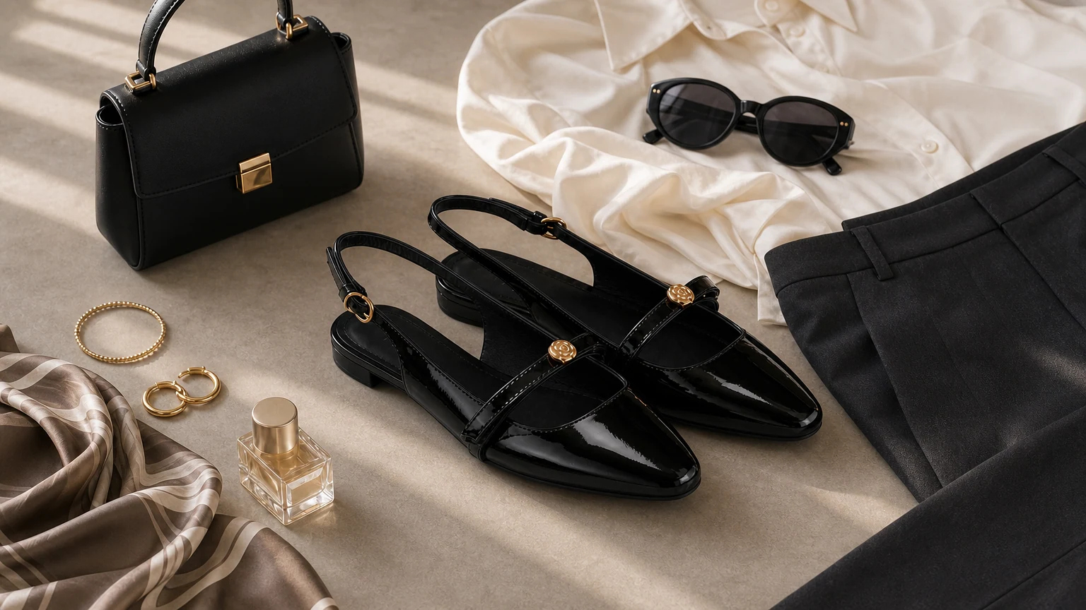 Elegant low block heel slingback pumps styled in a horizontal fashion scene