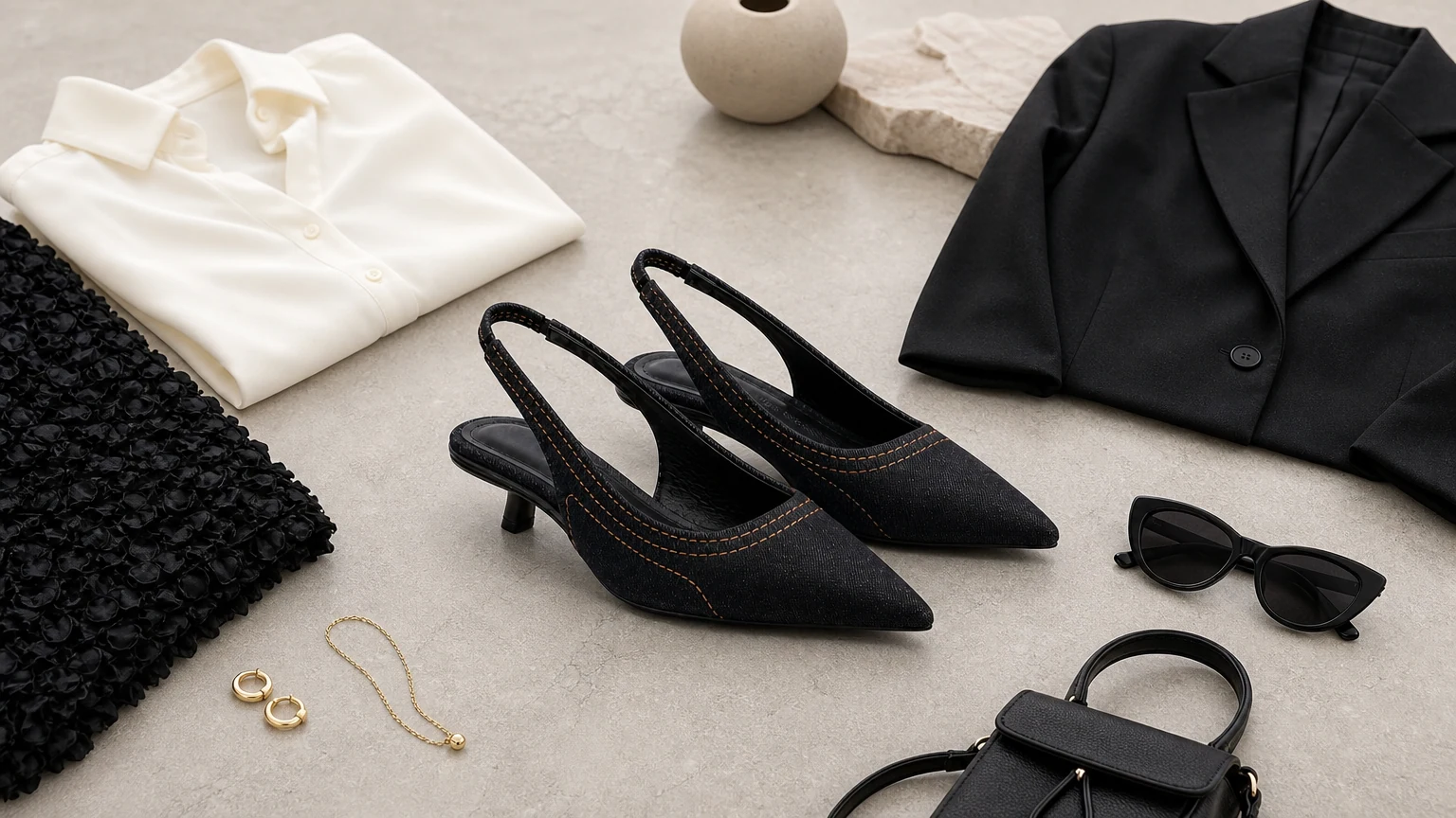 Studded trim pointed toe slingback heels styled in a horizontal scene