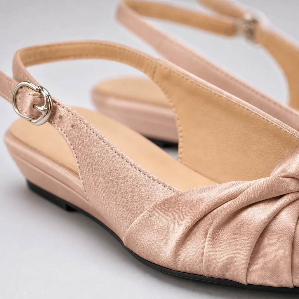 Close-up detail of buckle strap, pleated front, bow accent, and slingback construction