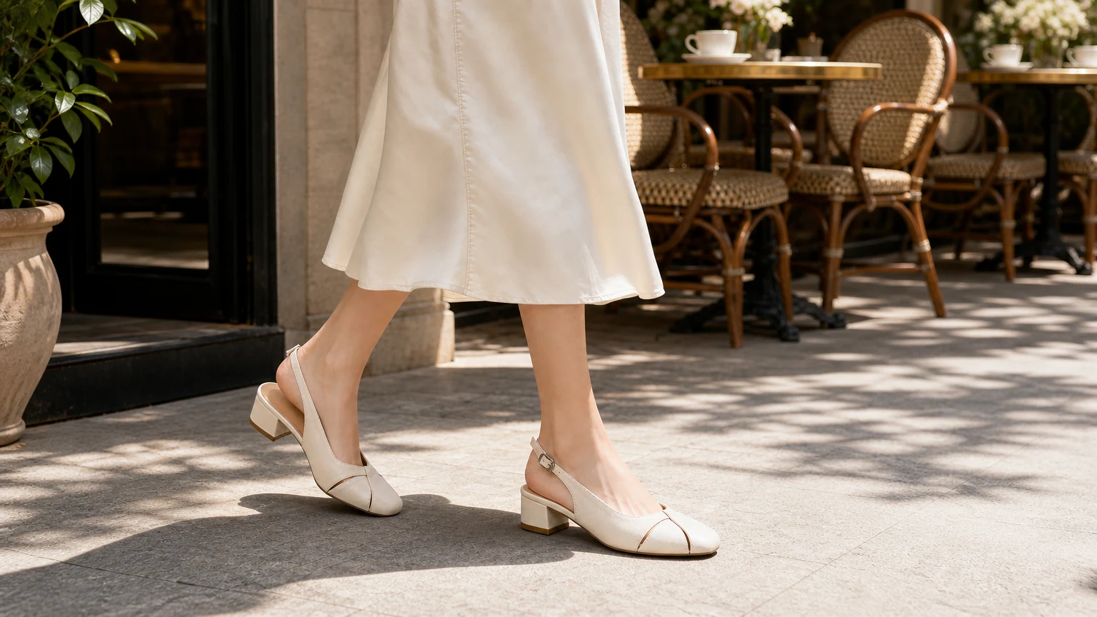 Cream cutout square toe slingback heels in an editorial lifestyle scene