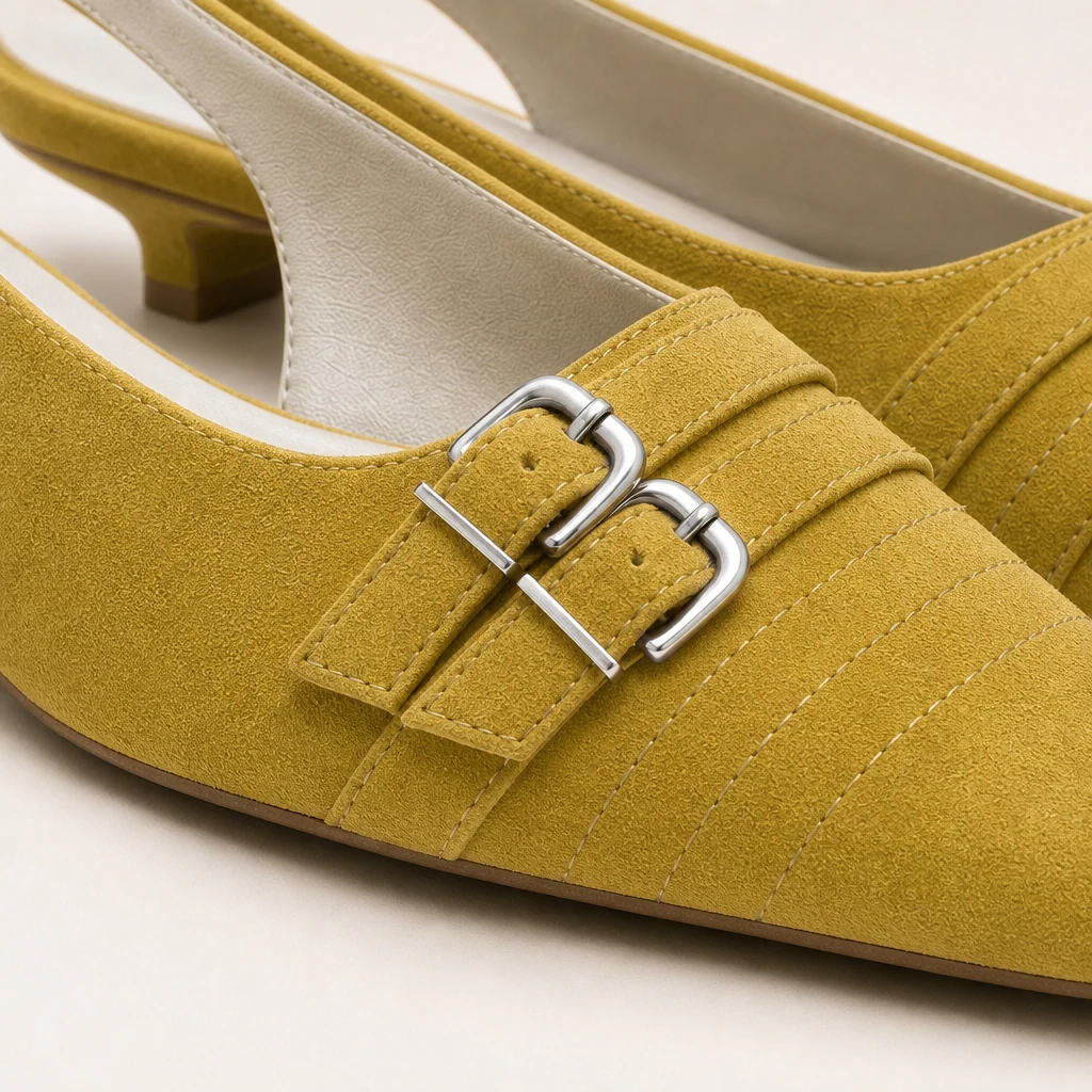 Close-up of textured upper and buckle detail on the slingback flats