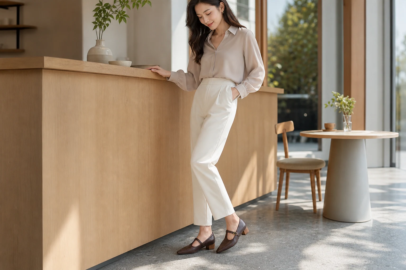 Low heel buckle strap shoes shown in a lifestyle scene