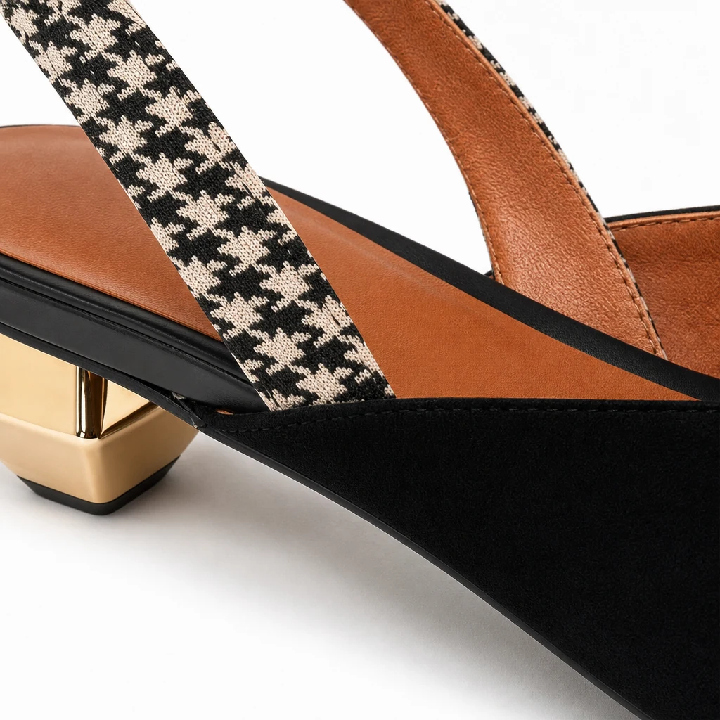 Close-up detail of the black slingback heel strap and leather finish