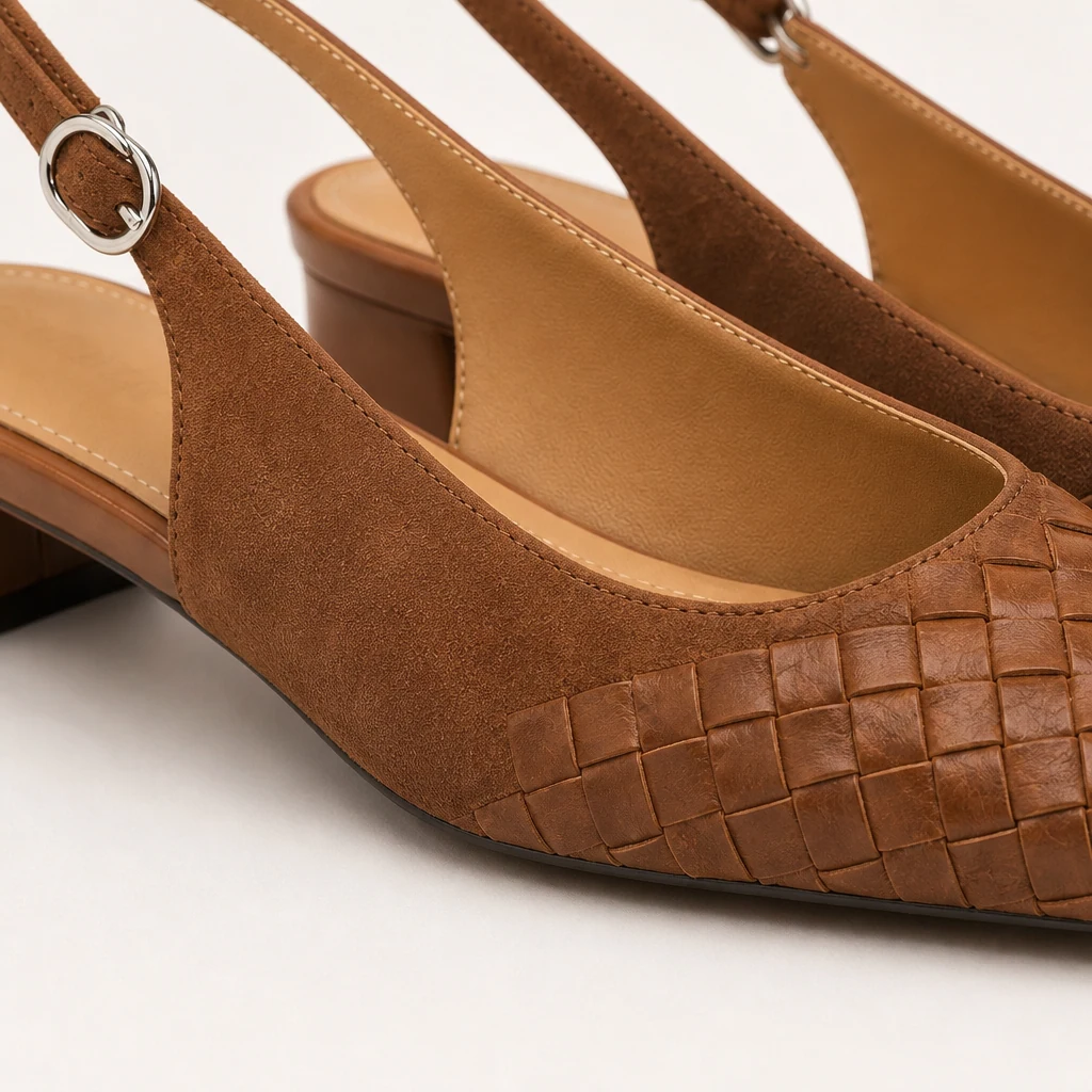 Close-up of the braided upper and matte finish on the slingback shoe