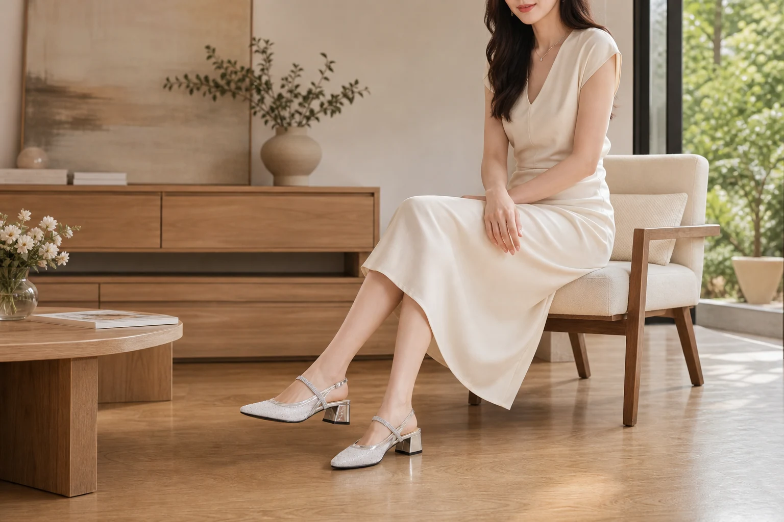 Crystal strap pumps in a lifestyle scene