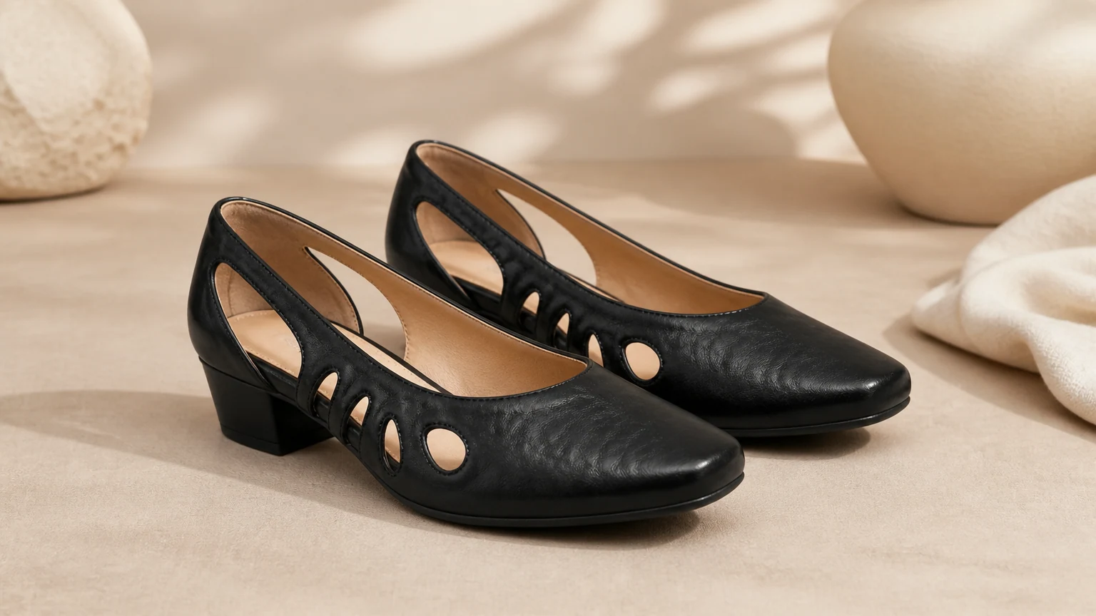 Mocassins rétro noirs à brides découpées dans une scène de style de vie horizontale