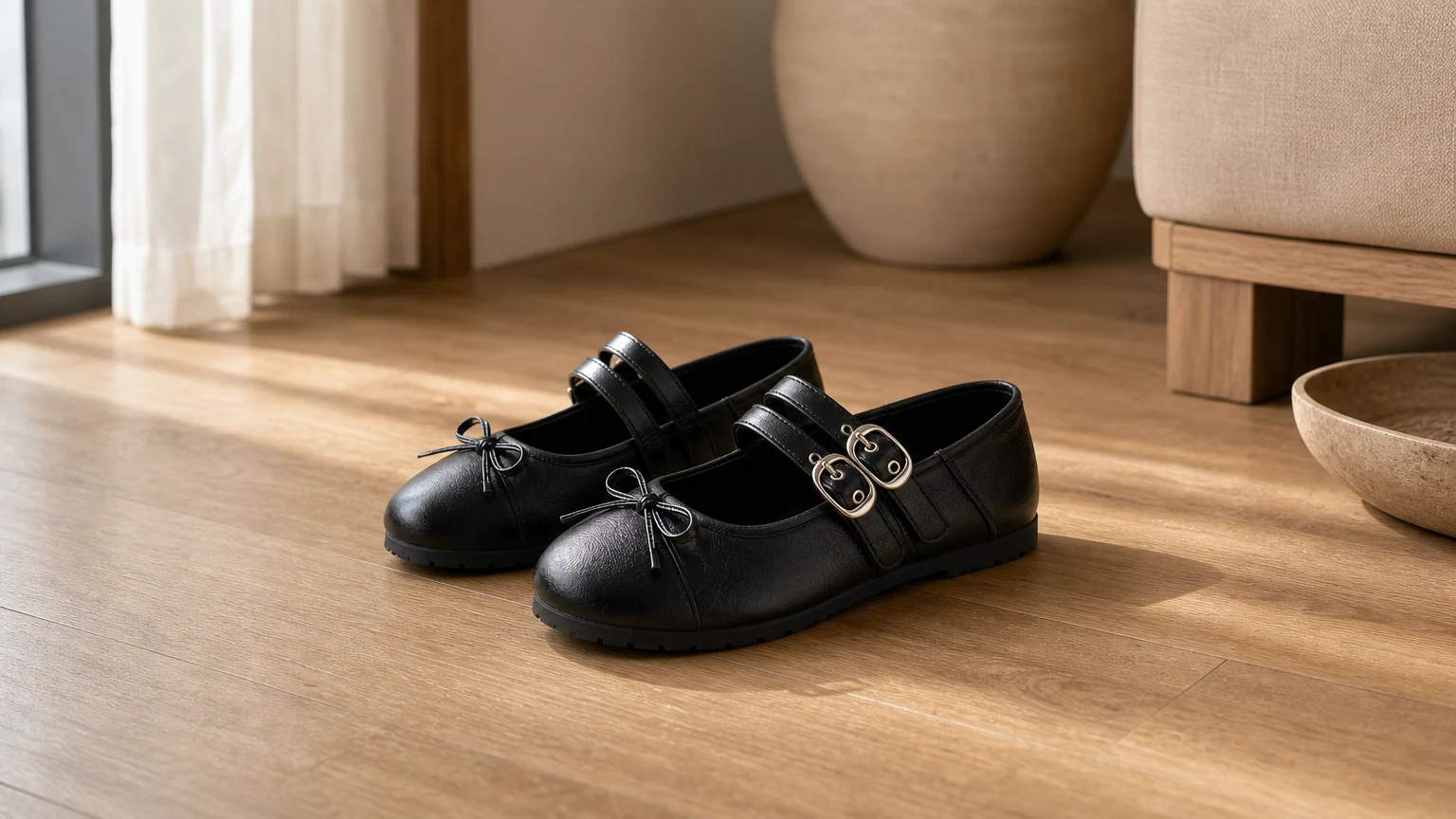 Mary Jane flats met dubbele gesp, gestyled in een zachte lifestyle scene