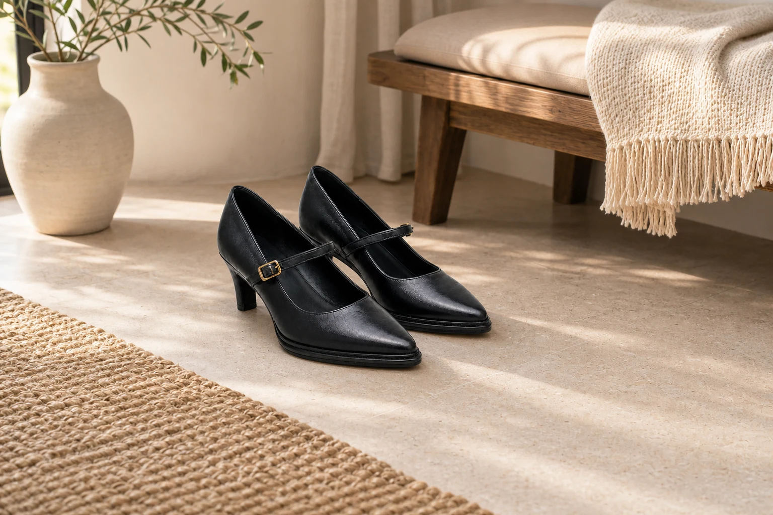 Lifestylescène met het volledige paar zwarte schoenen met puntige neus en lage blokhak