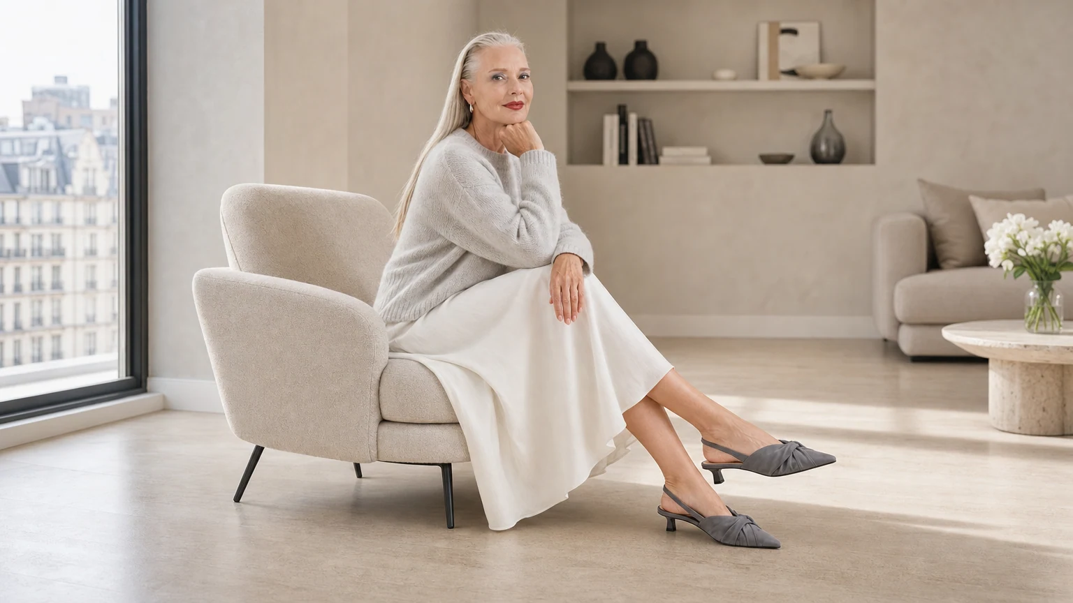 Elegant grey low kitten heel slingback pumps styled in a horizontal scene