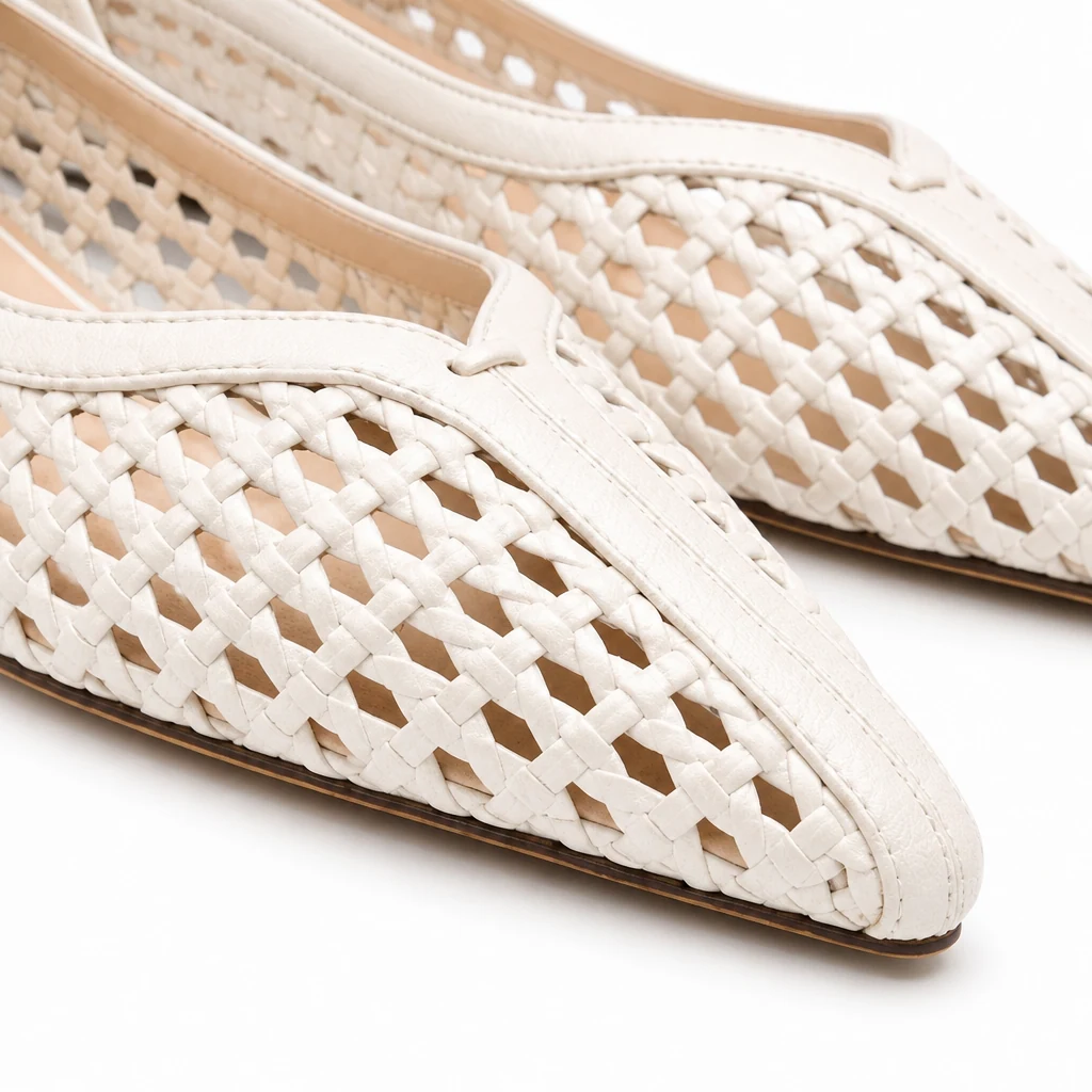 Close-up of the woven texture and construction detail on the pointed toe flats