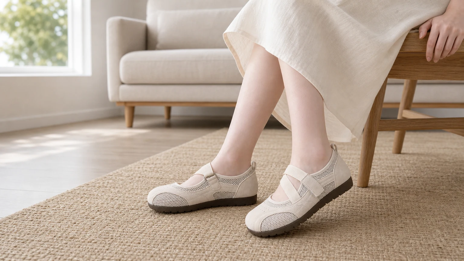 Zapatos planos Mary Jane con panel de malla diseñados en un ambiente interior informal
