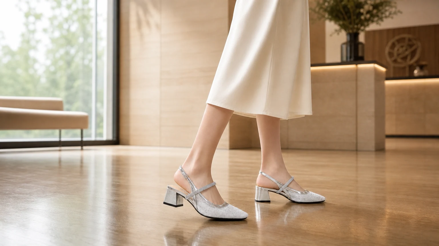 Crystal strap block heel pumps styled in an elegant scene