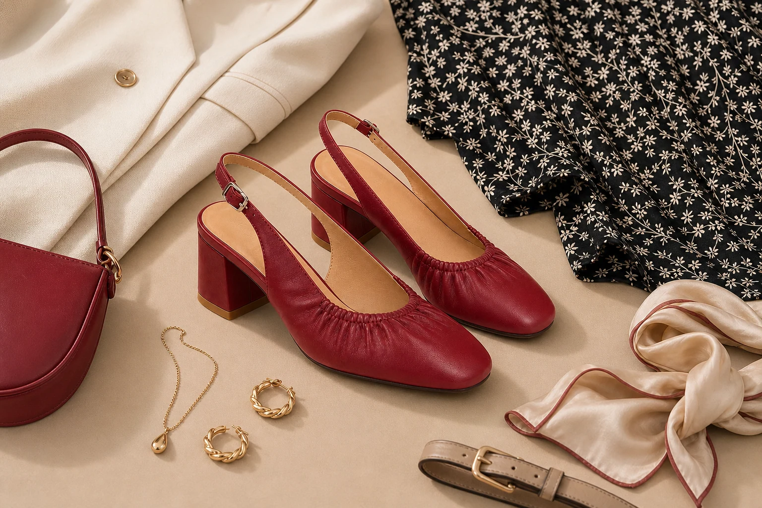 Low block heel shoes shown in a lifestyle scene with the full pair visible