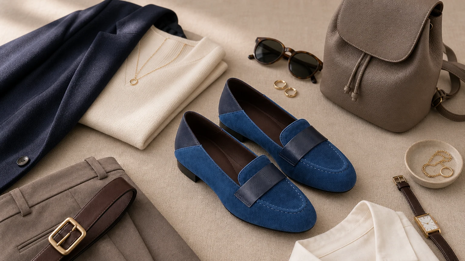 Mocassins bleus à talons bas avec brides et détails de style dans une scène épurée prête pour le bureau