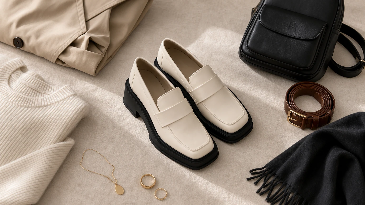 Mocassins habillés légers et décontractés, stylés dans une scène de vêtements de travail épurés