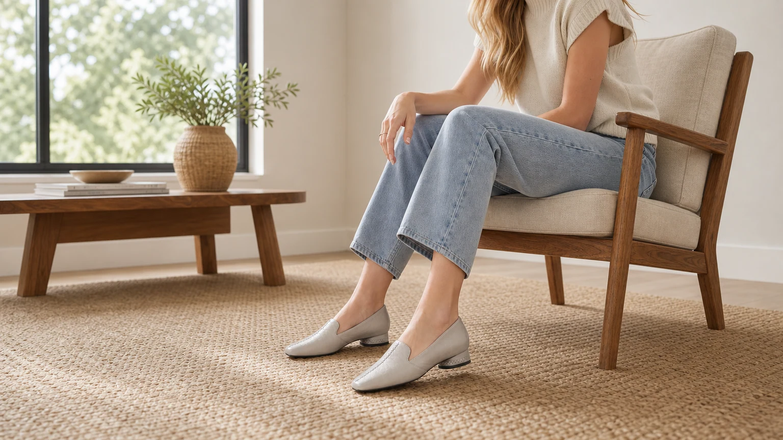 Refined low-profile office flats styled in a calm workday setting