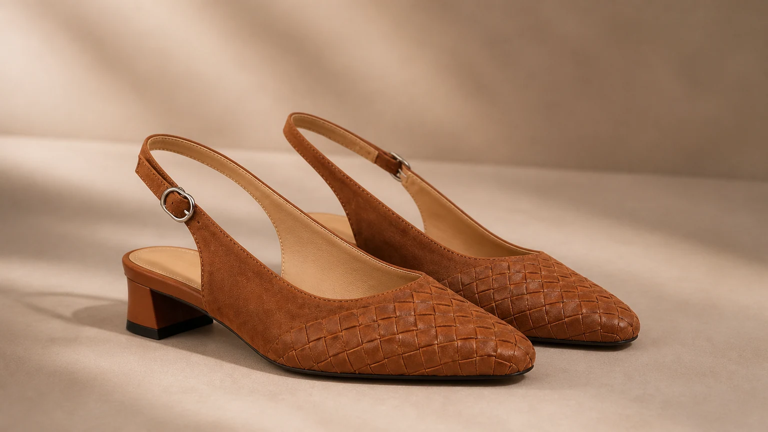 Braided low block heel slingback shoes styled in a warm editorial scene