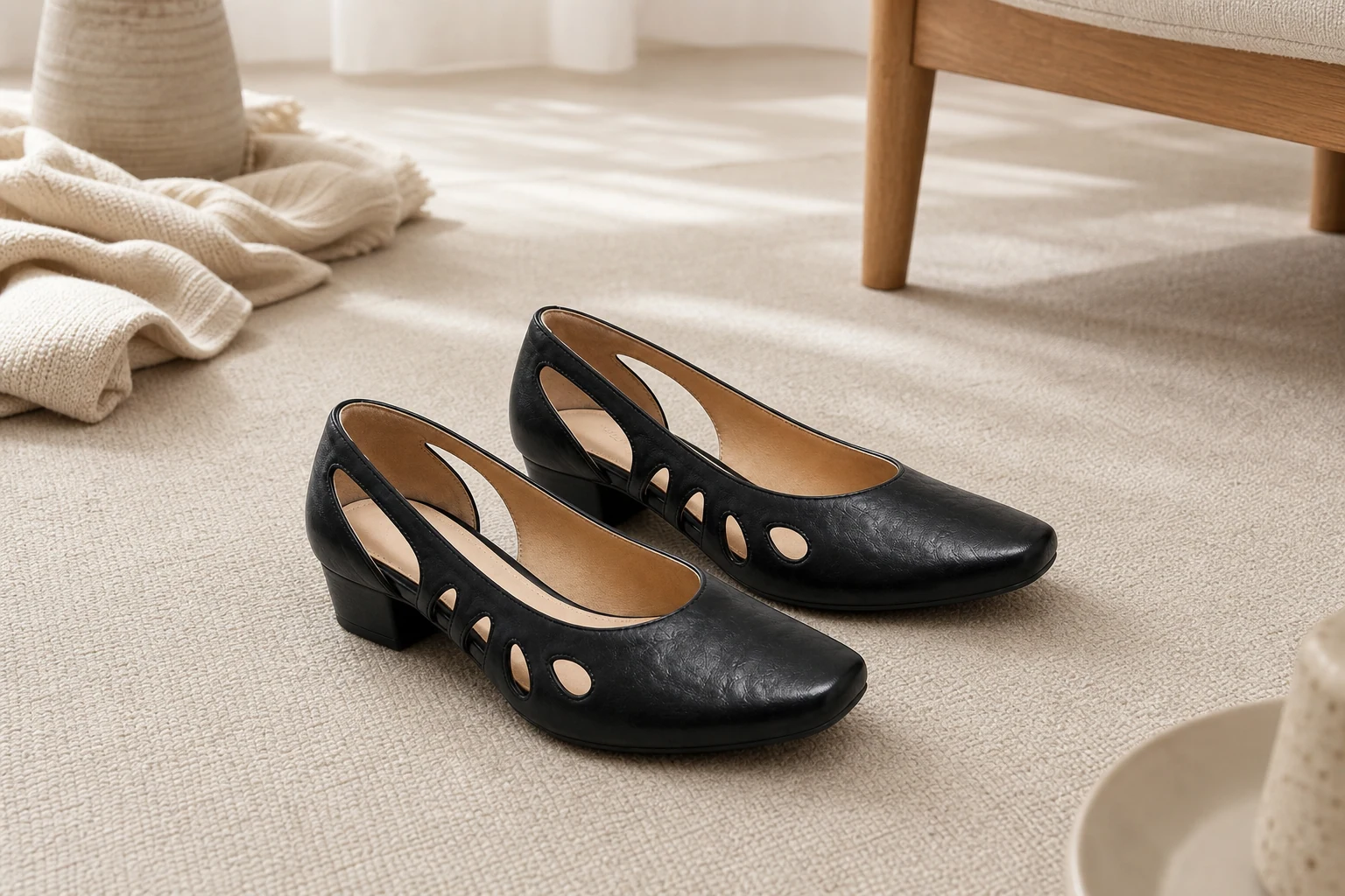 Mocassins noirs à brides découpées dans une scène de produits lifestyle