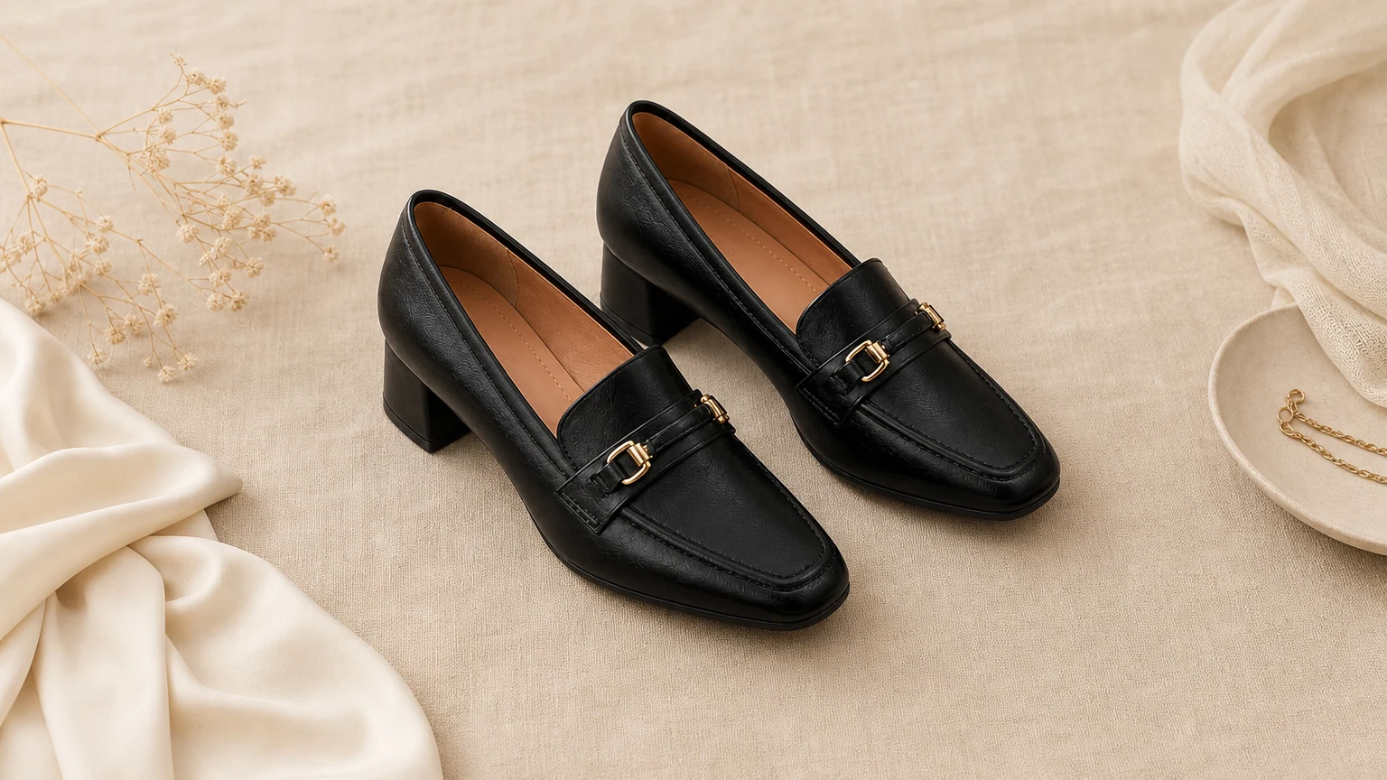 Klassieke damesschoenen met stabiele hak en vierkante neus in een redactionele lifestyle-scène