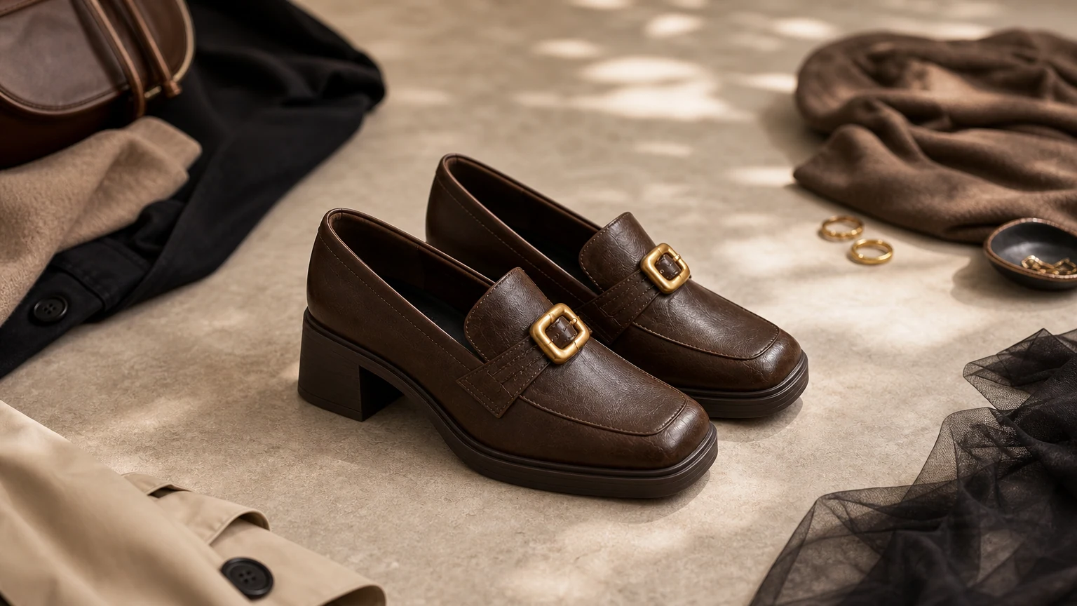 Mocassins à talon bloc à bout carré, conçus dans une scène raffinée prête pour le bureau