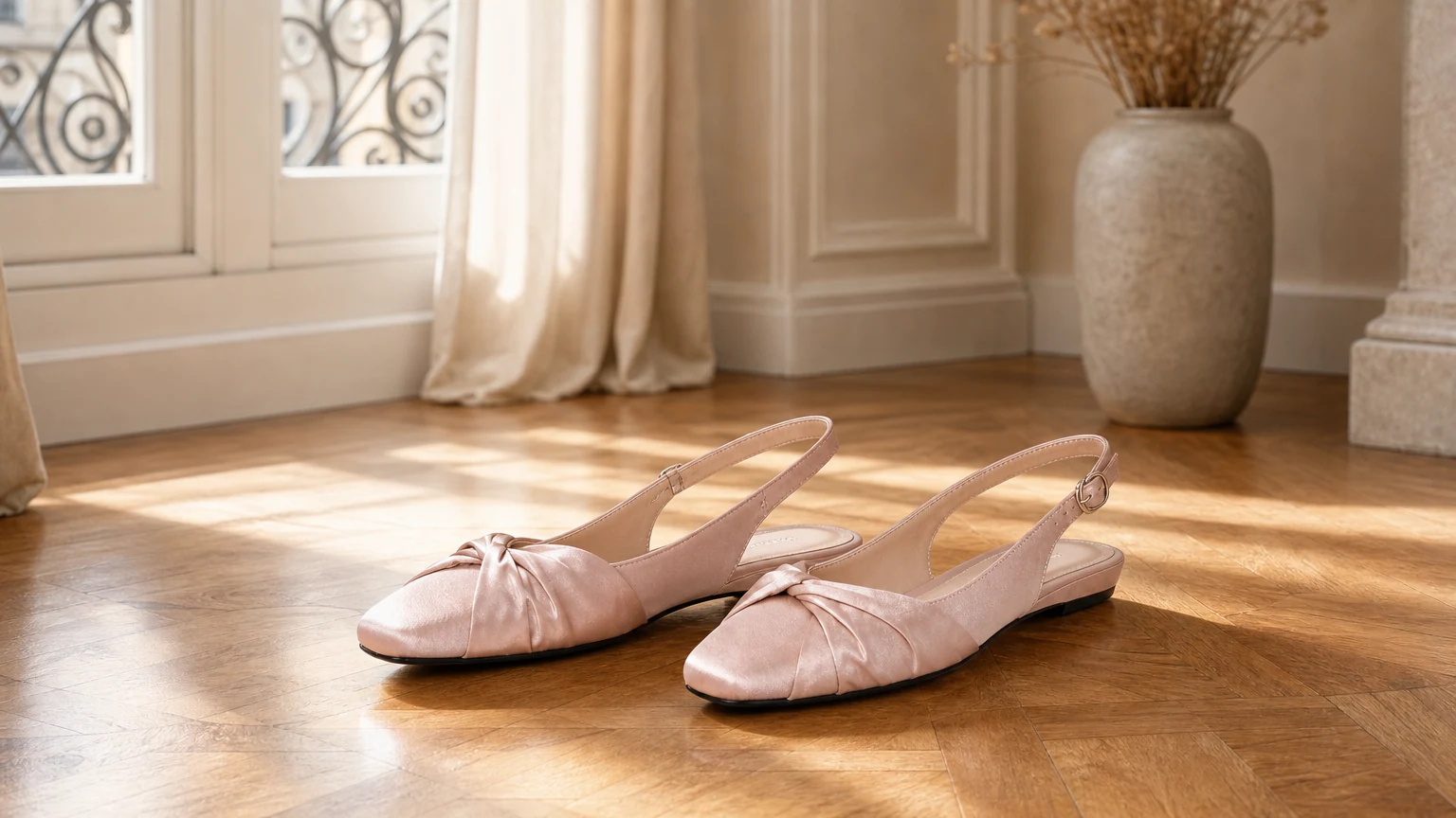 Elegant buckle strap slingback flats styled in a soft horizontal scene