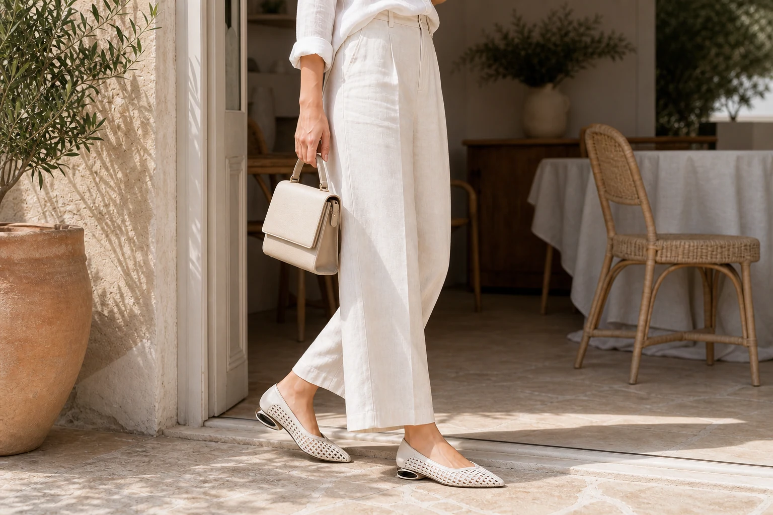 Textured pointed toe flats in a lifestyle scene