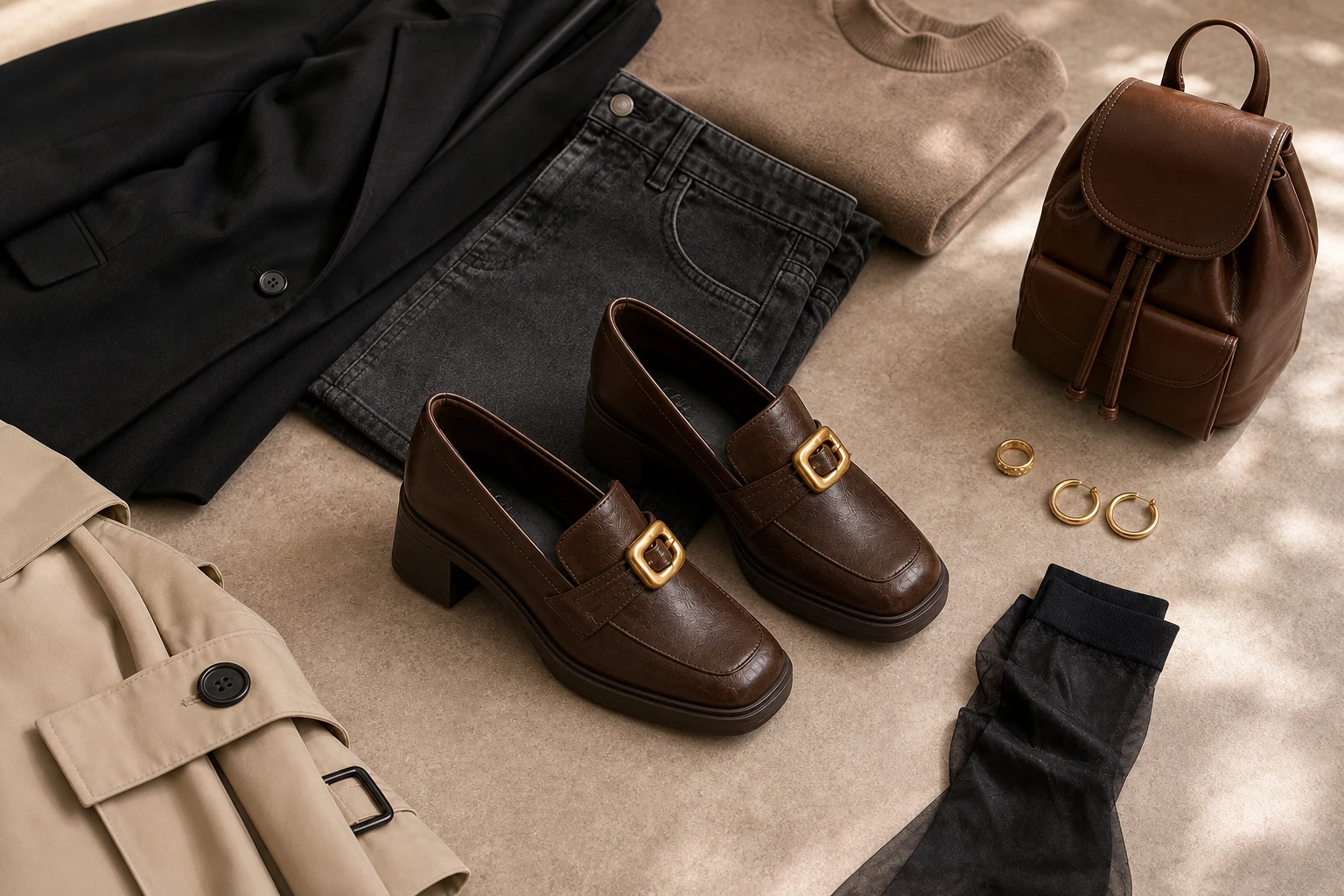 Mocassins à talon bloc de soutien présentés dans un contexte de style de vie