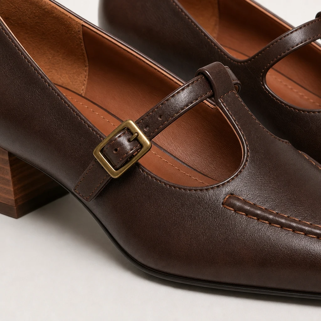 Close-up detail of buckle strap, stitching and finish on the low heel dress shoes